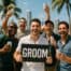 Cheerful bachelor party scene with friends celebrating outdoors, holding drinks, with the groom holding a "GROOM" sign.